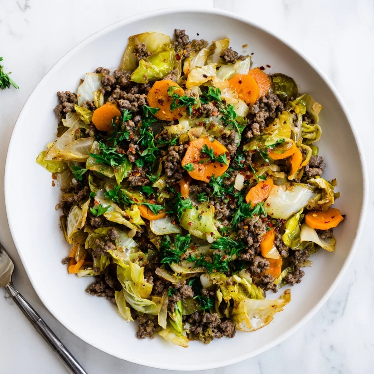 Golden skillet of savory Irish ground beef and cabbage with tender wilted vegetables and fresh parsley garnish