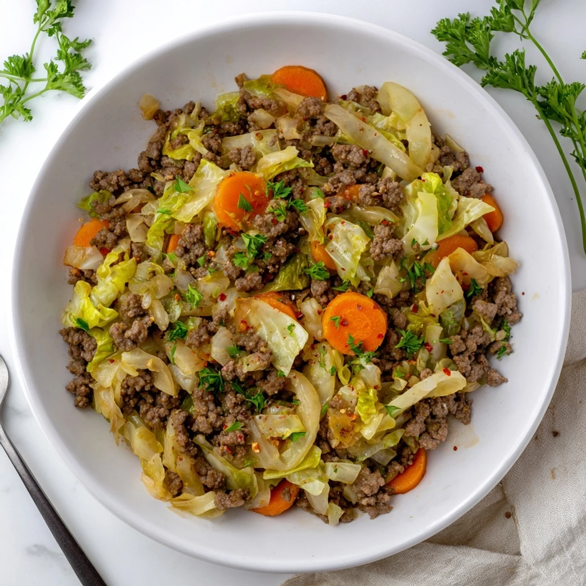Comforting Irish ground beef and cabbage cooked in a cast iron skillet ready for family dinner