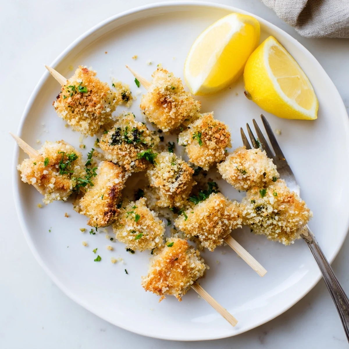 Golden air fryer garlic Parmesan chicken skewers with crispy coating and fresh parsley garnish
