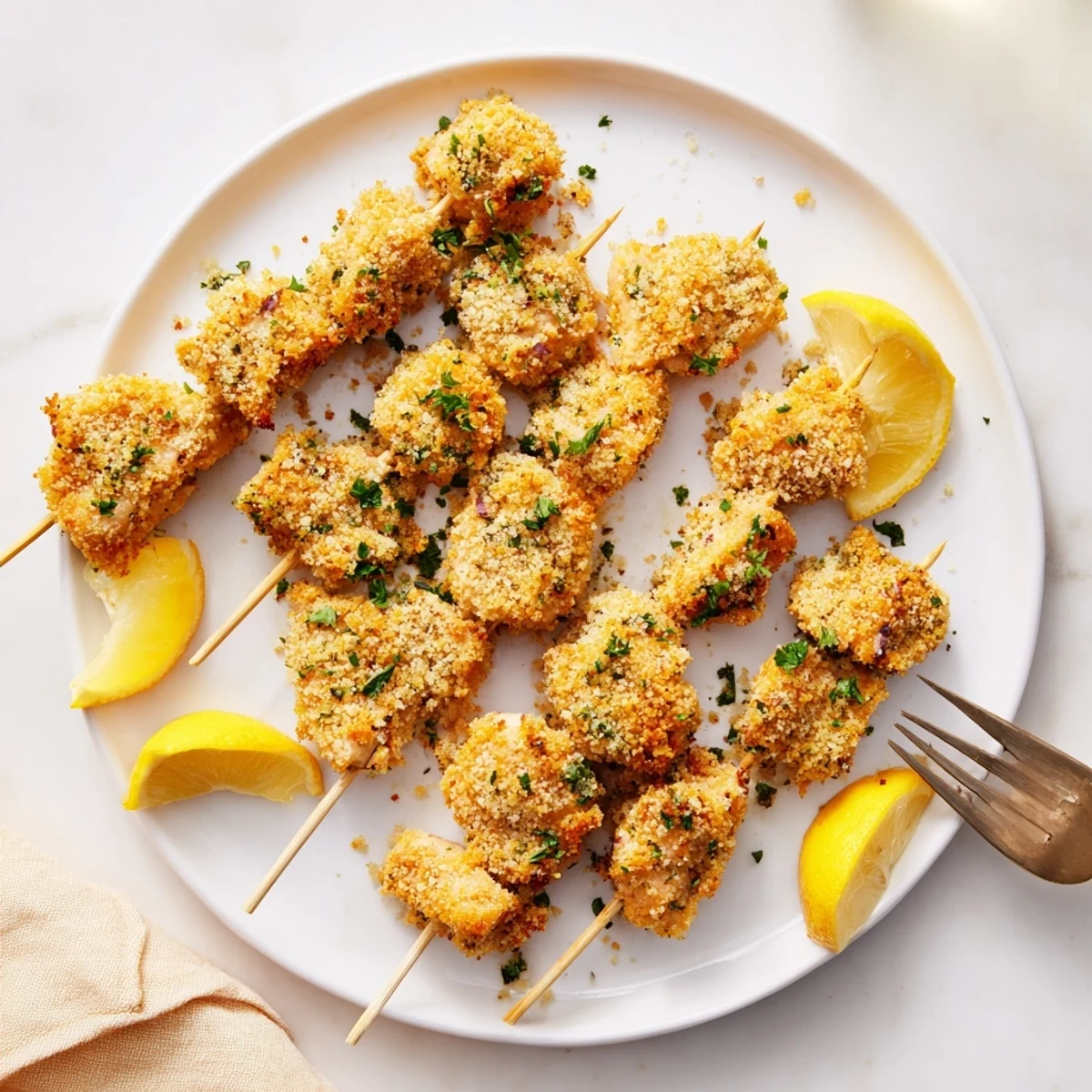 Juicy chicken cubes threaded on skewers, air fried to perfection with savory garlic Parmesan crust