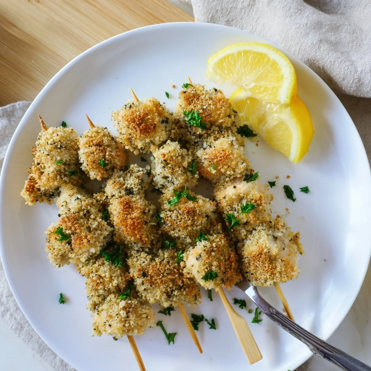 CrispyParmesan-crusted chicken skewers fresh from the air fryer, served with zesty lemon wedges