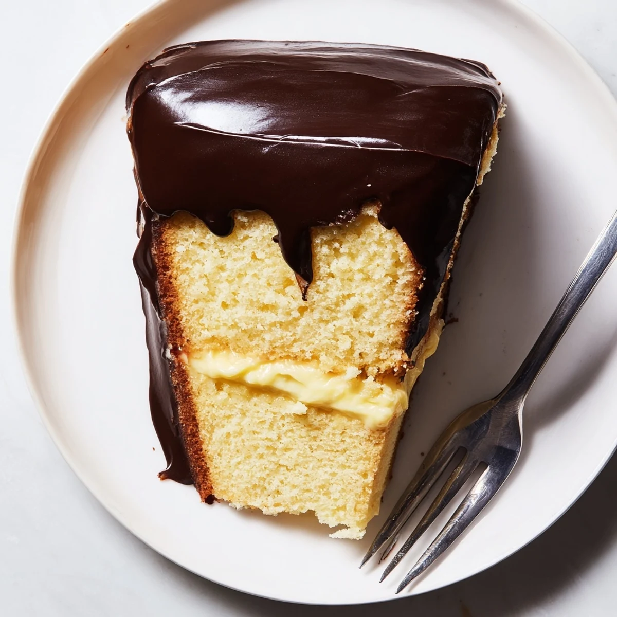 Golden slice of Classic Boston Cream Pie revealing creamy vanilla custard between tender cake layers