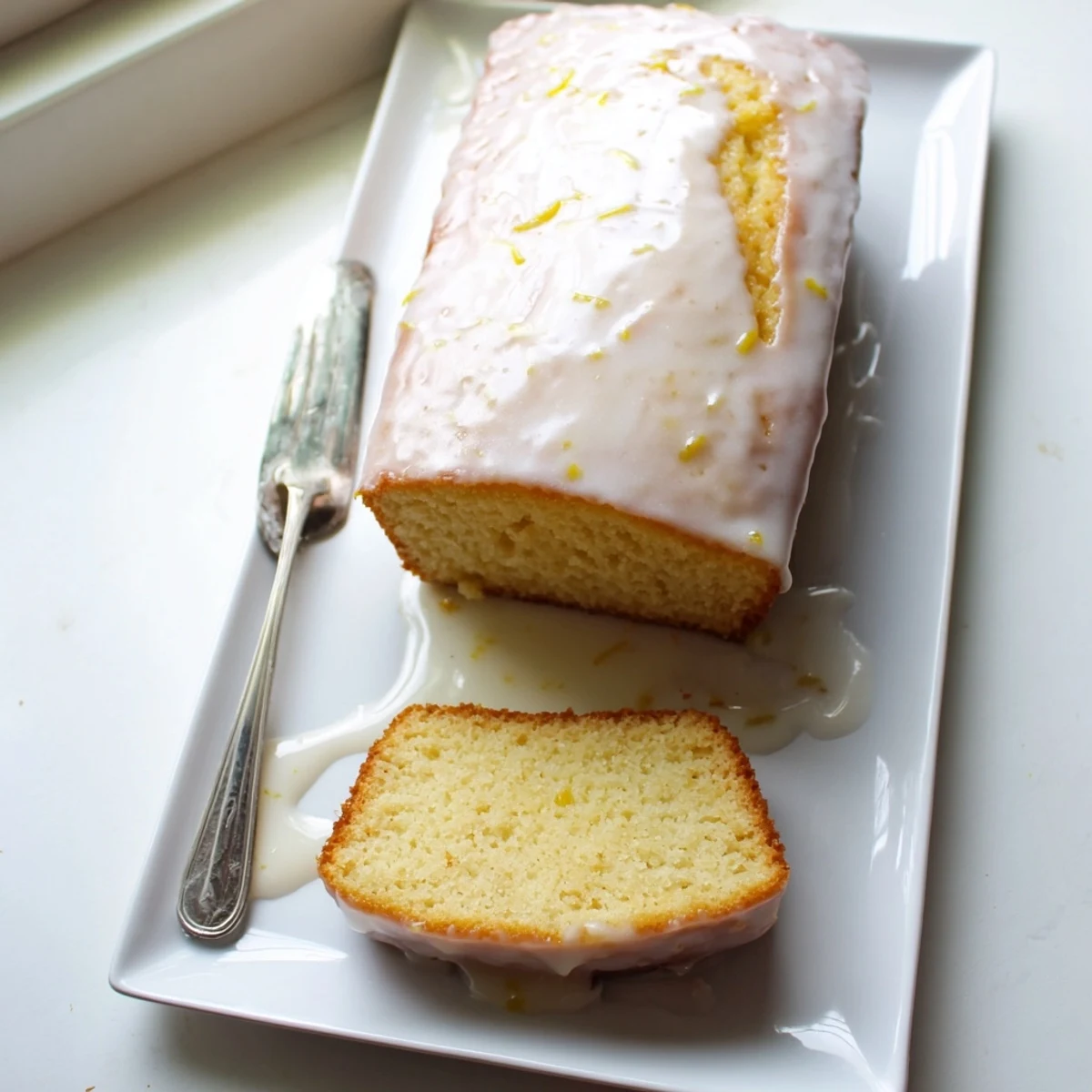 Golden lemon loaf cake drizzled with white citrus glaze on a serving platter