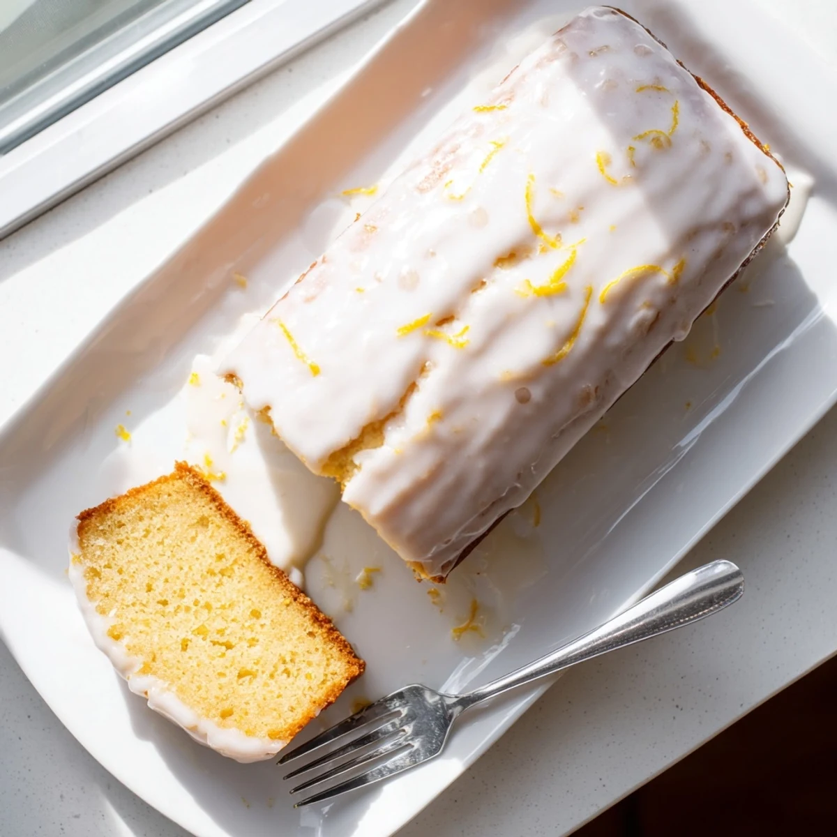 Moist lemon loaf slice topped with tangy glaze and lemon zest garnish