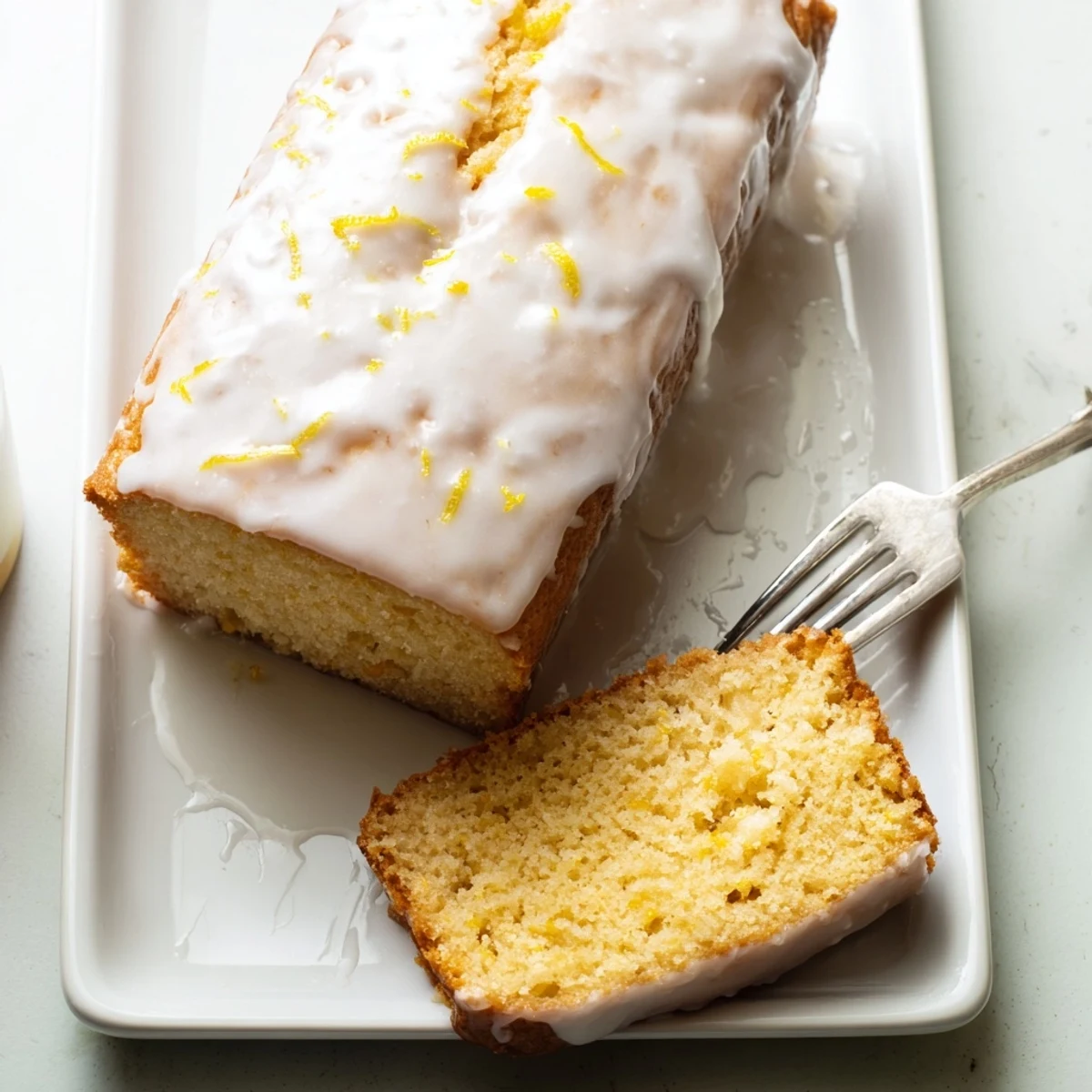 Freshly baked lemon loaf with pourable glaze on a wire cooling rack