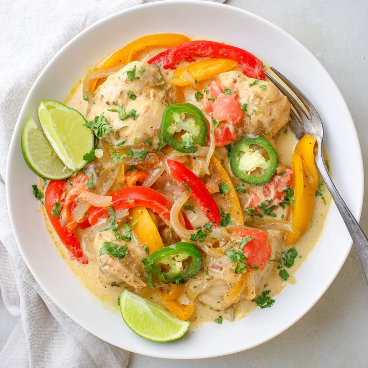 Creamy spicy Brazilian coconut chicken simmered with colorful bell peppers in rich white sauce