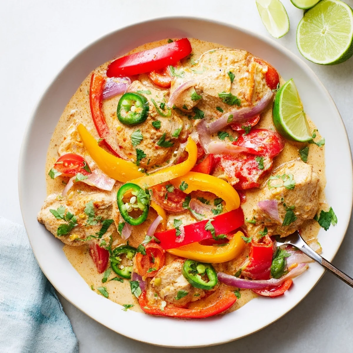 Golden chicken thighs swimming in aromatic coconut milk sauce with fresh cilantro garnish