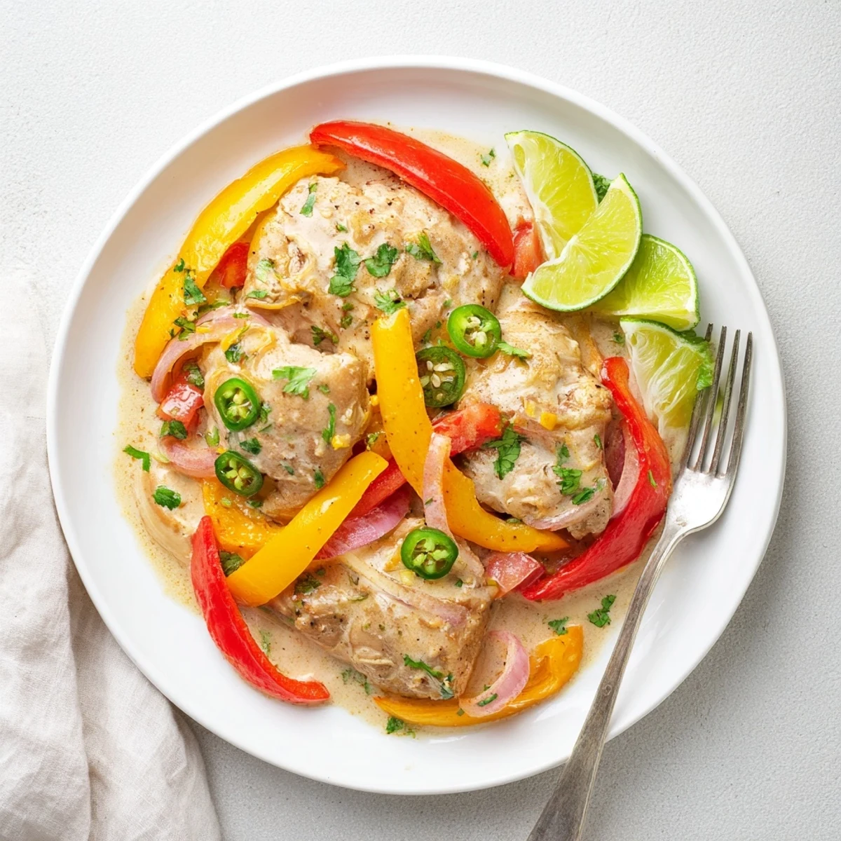 Tender spicy Brazilian coconut chicken served over rice with vibrant red and yellow peppers