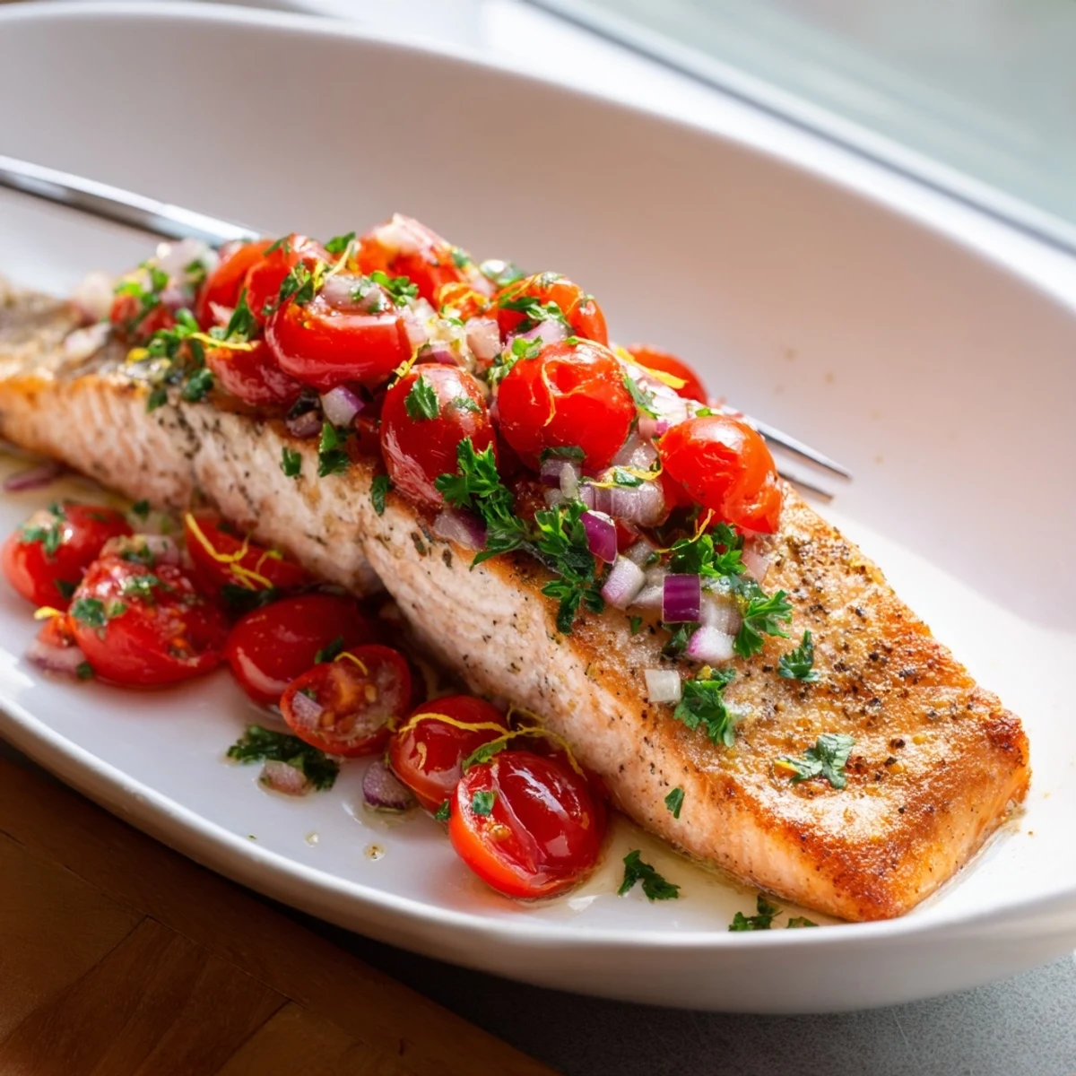 Easy salmon dinner featuring tender fish swimming in bright red tomato and citrus sauce
