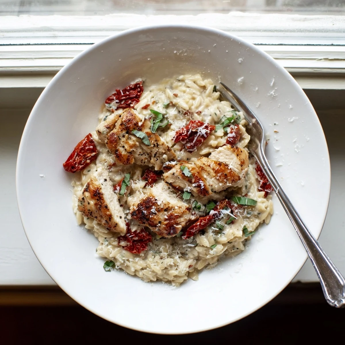 Creamy Marry Me Chicken Orzo with sun-dried tomatoes, fresh basil, and golden seared chicken in a rich parmesan sauce.