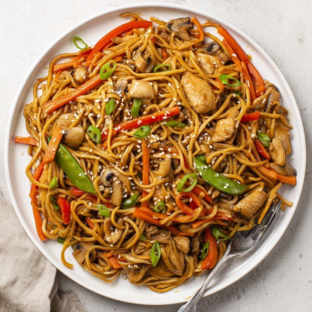 Slow cooker bowl filled with easy Crockpot Chicken Lo Mein featuring tender chicken pieces and colorful vegetables