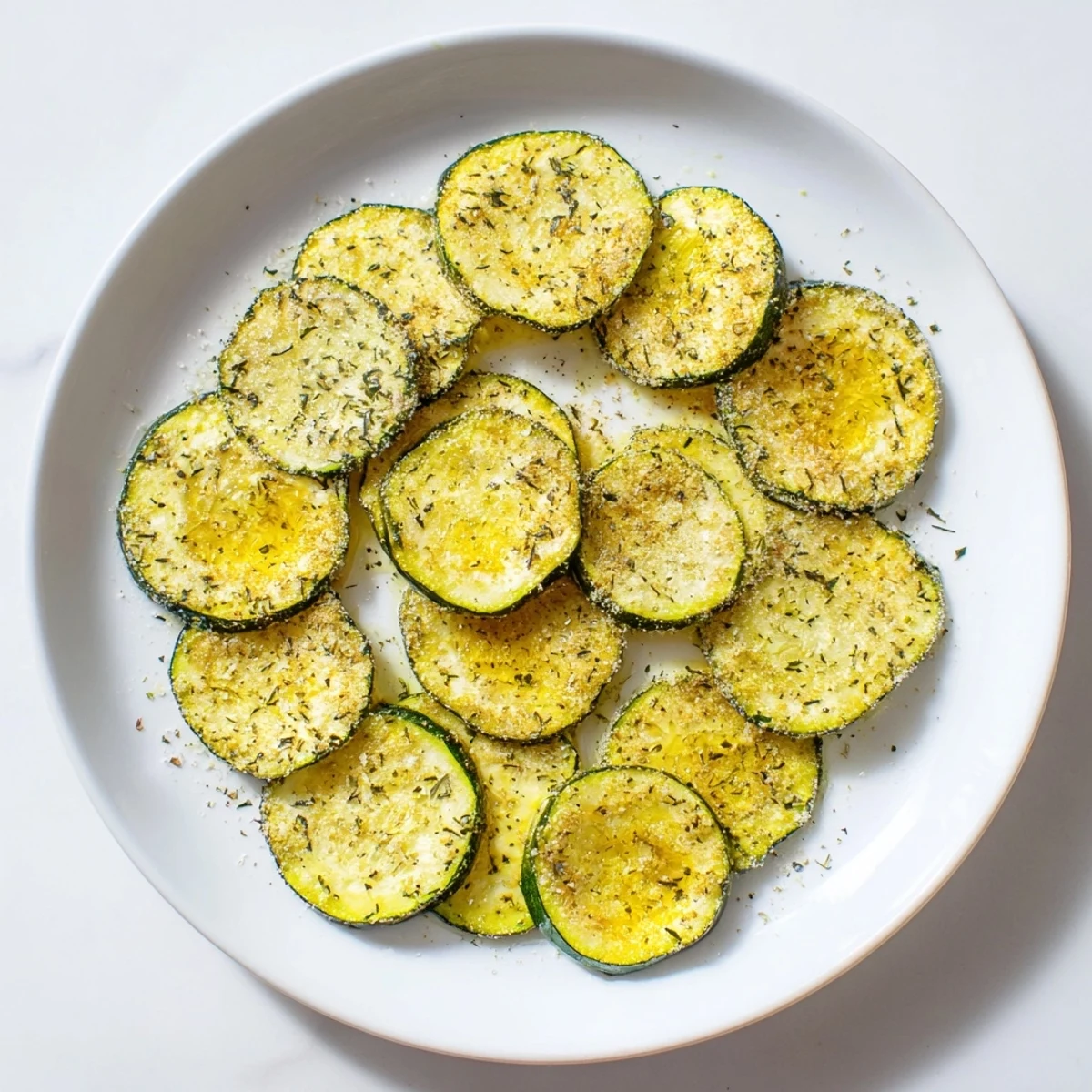 Golden ranch cucumber chips arranged on a white serving plate, garnished with fresh dill sprigs.