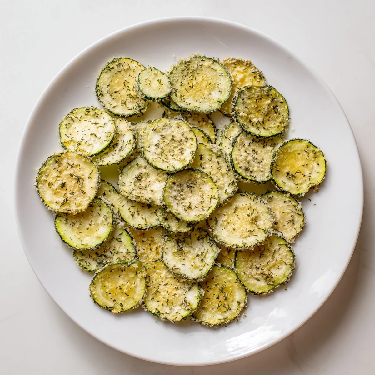 Homemade refreshing ranch cucumber chips stacked neatly, showcasing their crunchy texture and golden edges.