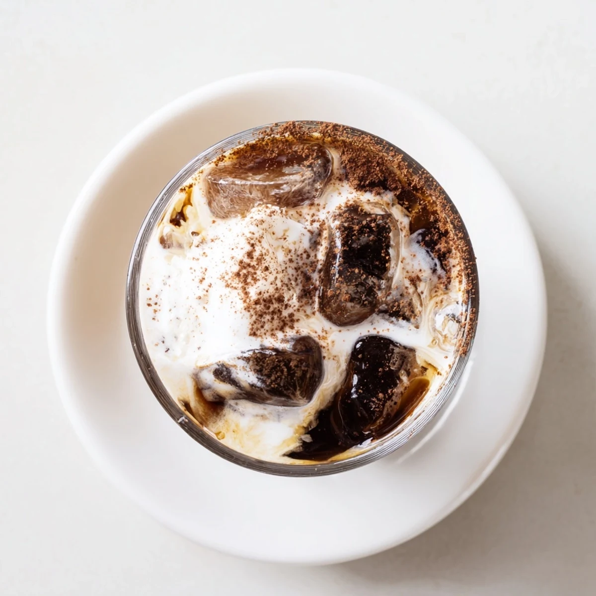 Glistening glass of refreshing iced coffee filled with ice cubes and topped with creamy white milk swirl