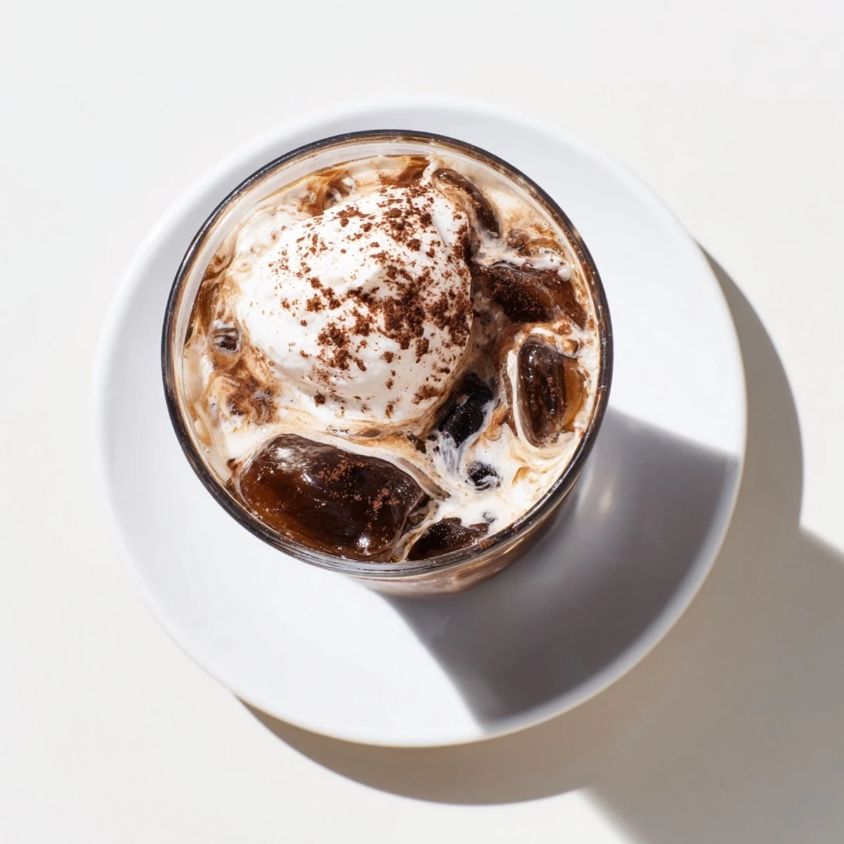 Tall chilled glass showcasing refreshing iced coffee with layered coffee and milk over clear ice cubes