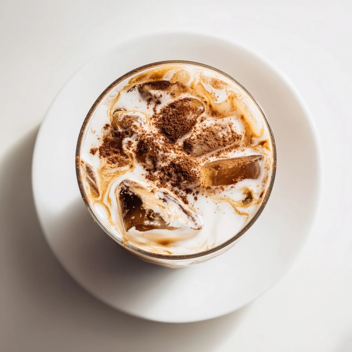 Summer beverage scene featuring refreshing iced coffee in glass with whipped cream topping and cocoa dusting