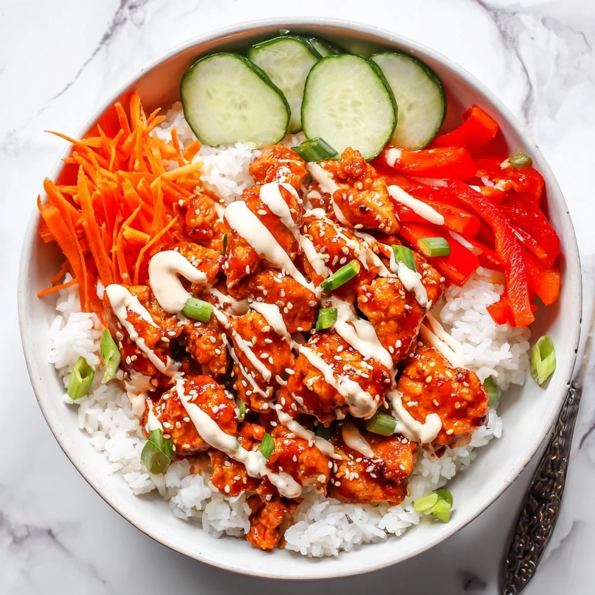 Spicy firecracker ground chicken bowl with crisp vegetables and creamy sriracha drizzle over fluffy jasmine rice