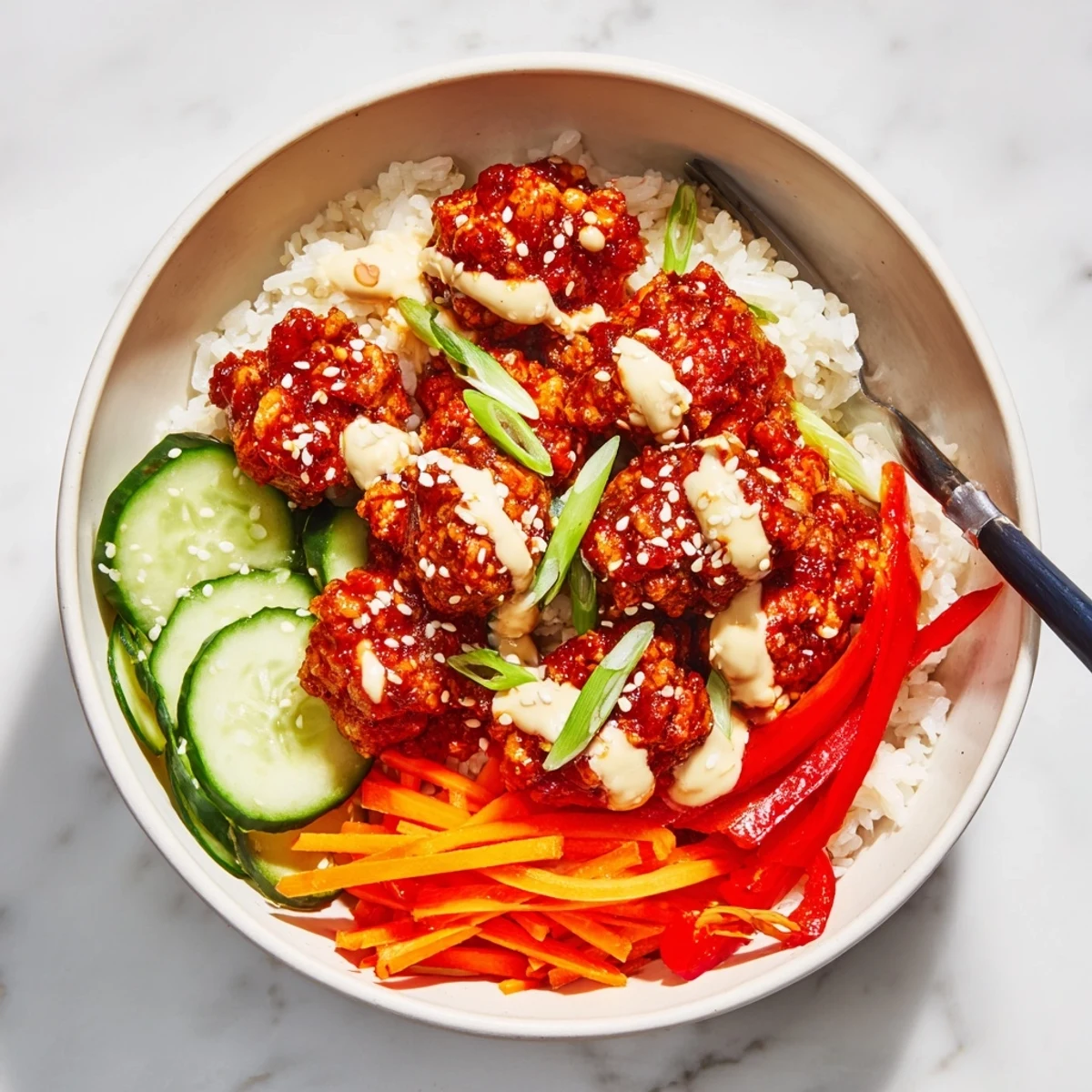 Savory ground chicken in fiery sweet chili sauce served over rice with colorful veggies and scallions