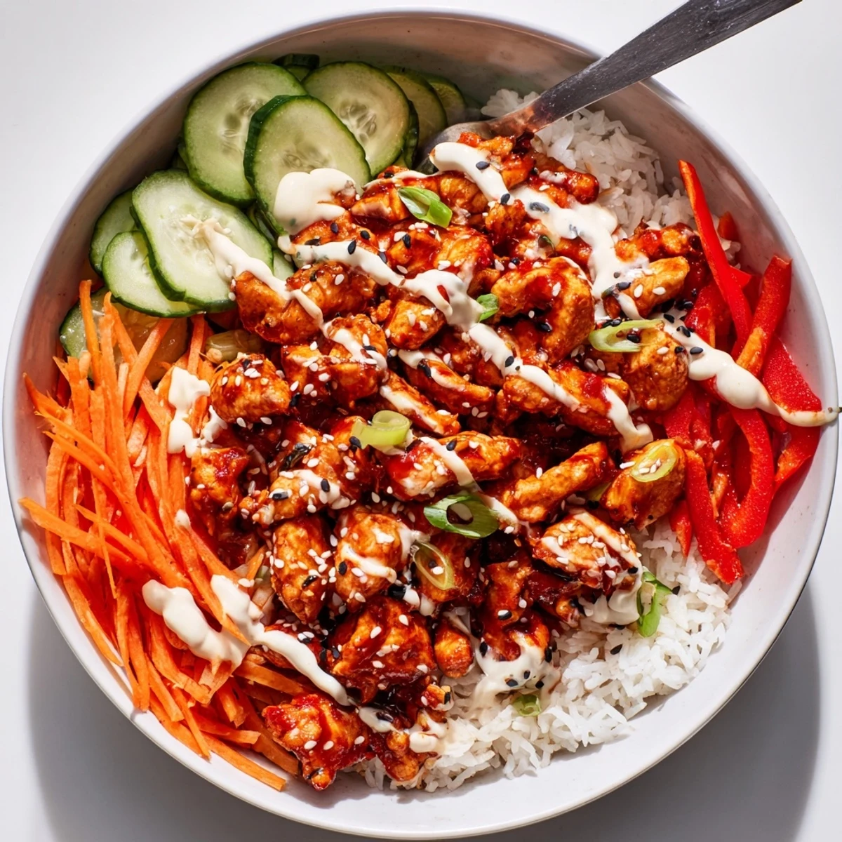 Vibrant Asian-inspired firecracker ground chicken bowl topped with fresh cucumber carrots and sesame seed garnish