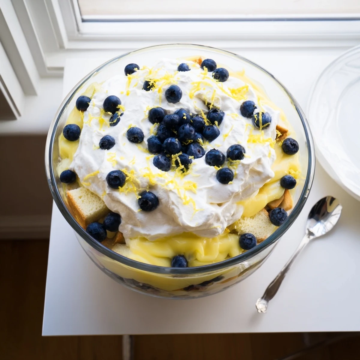 Glass trifle bowl showing layered lemon blueberry trifle with fluffy whipped cream and fresh berries