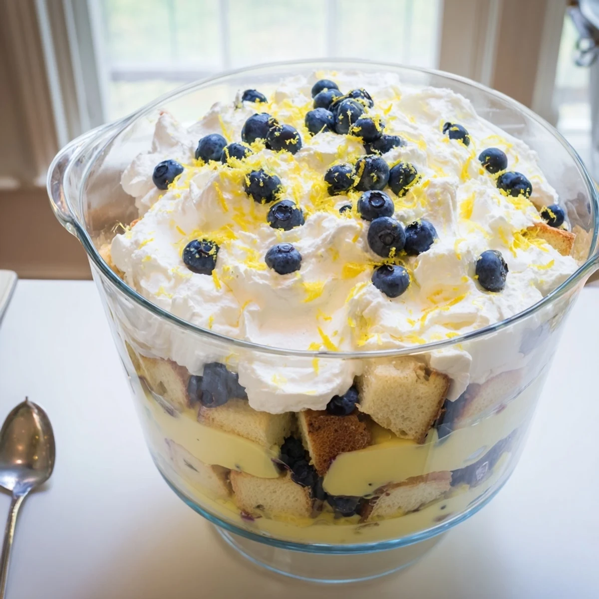 Summer easy lemon blueberry trifle in glass dish topped with lemon zest garnish