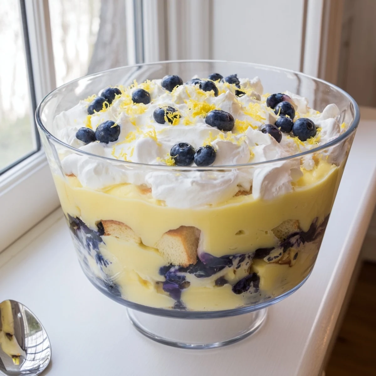 Easy lemon blueberry trifle dessert with zesty curd, cube cake, and macerated blueberries