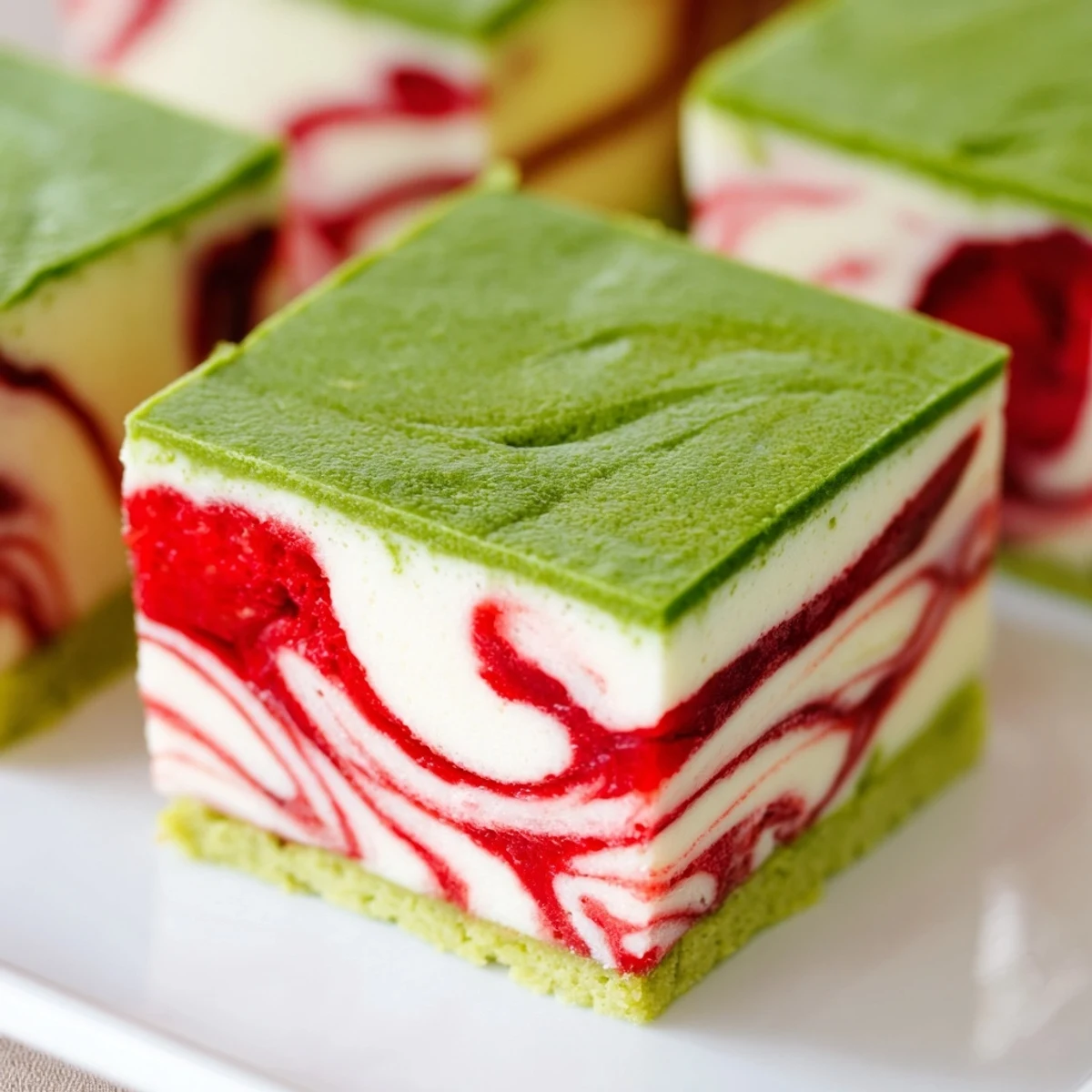 Freshly baked matcha strawberry cream bars featuring creamy vanilla filling with vibrant red strawberry ribbons