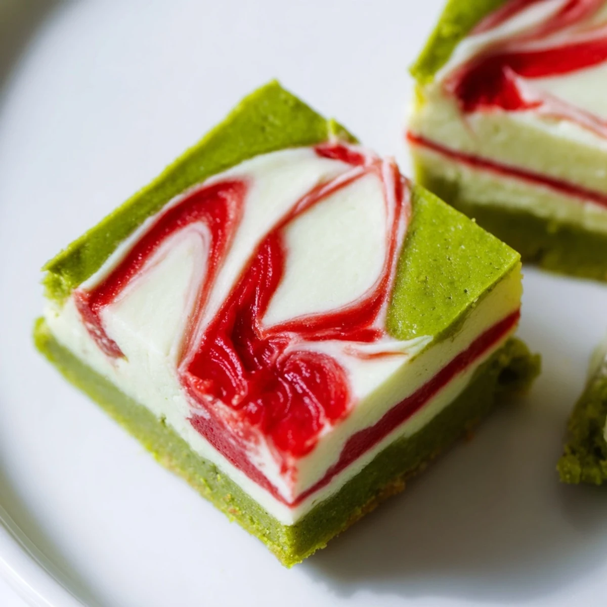 Elegant matcha strawberry cream bars displaying marbled strawberry patterns over delicate green tea shortbread layers