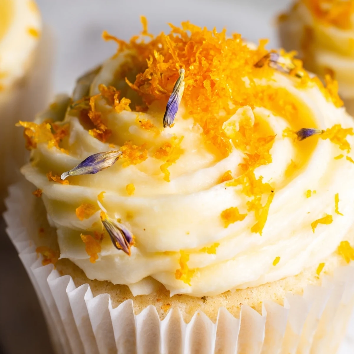 Golden orange blossom cupcakes topped with fluffy white citrus frosting and fresh orange zest garnish