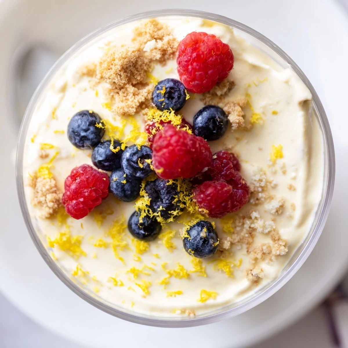 Creamy lemon cheesecake mousse topped with fresh zest and berries in clear glasses