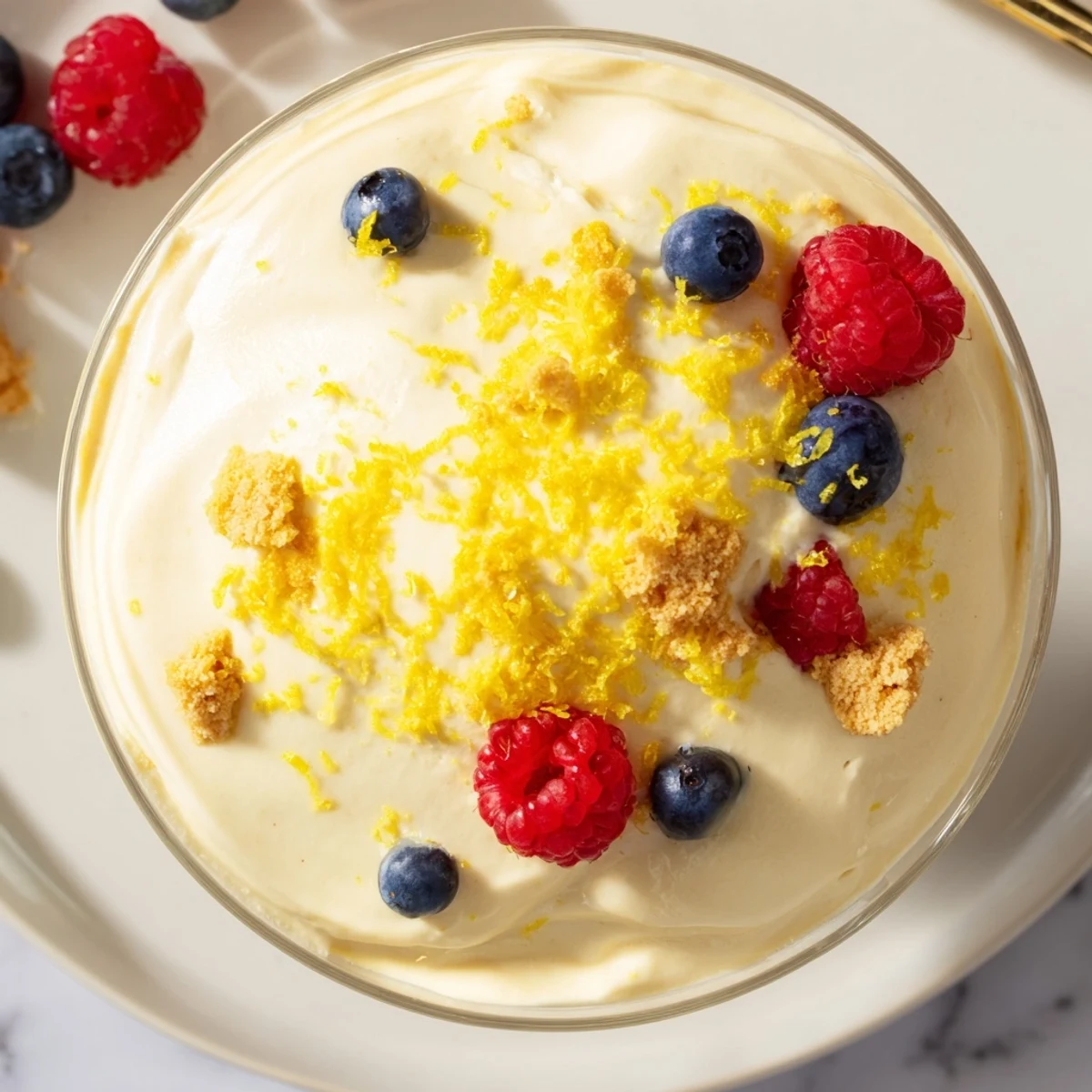 Individual glasses of tangy lemon cheesecake mousse with whipped cream and fresh berry topping