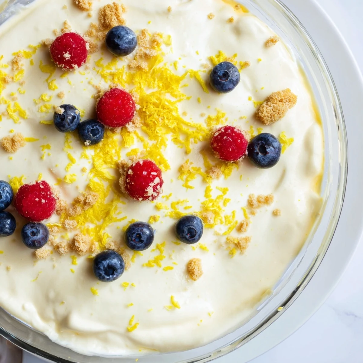 Fluffy white lemon cheesecake mousse dessert served with graham cracker crumbs and lemon garnish