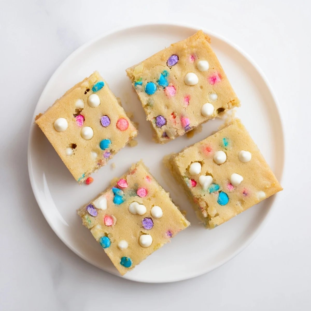 Golden spring funfetti blondies topped with colorful rainbow sprinkles on a white plate.
