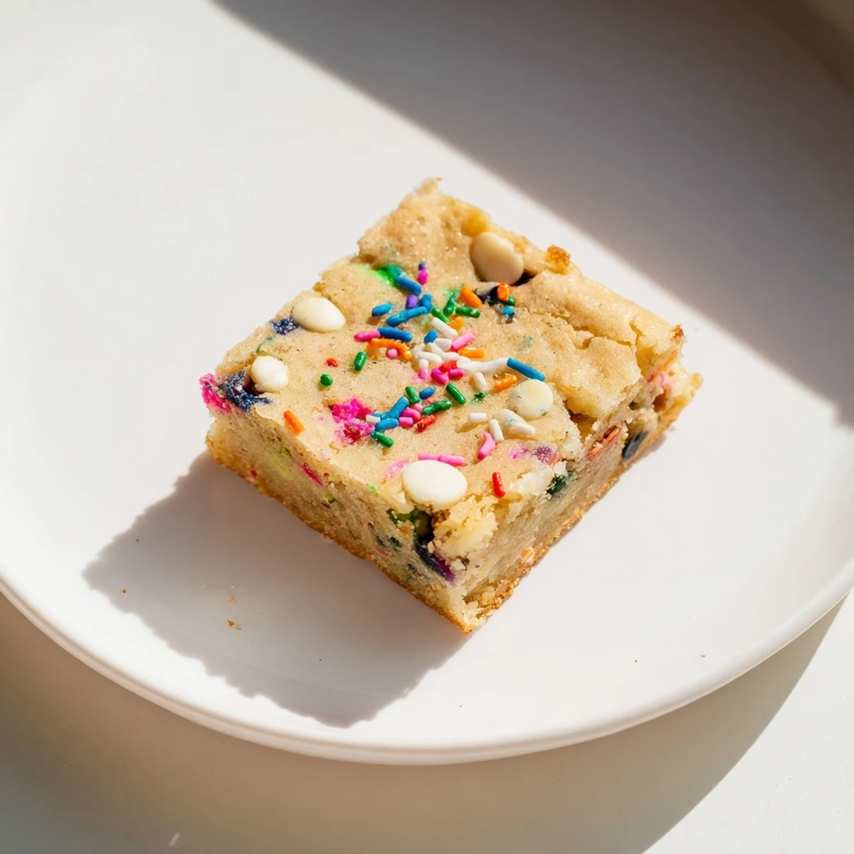 Buttery square blondies studded with bright sprinkles, freshly baked for spring celebrations.