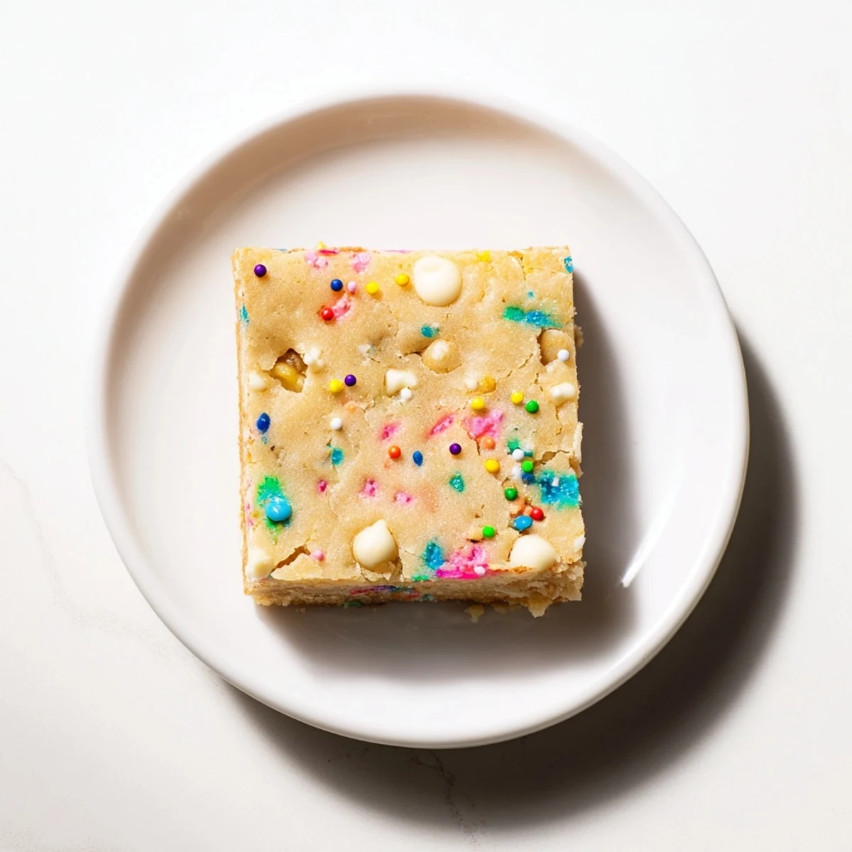 Festive spring funfetti blondies with white chocolate chips and rainbow sprinkles baked until golden.