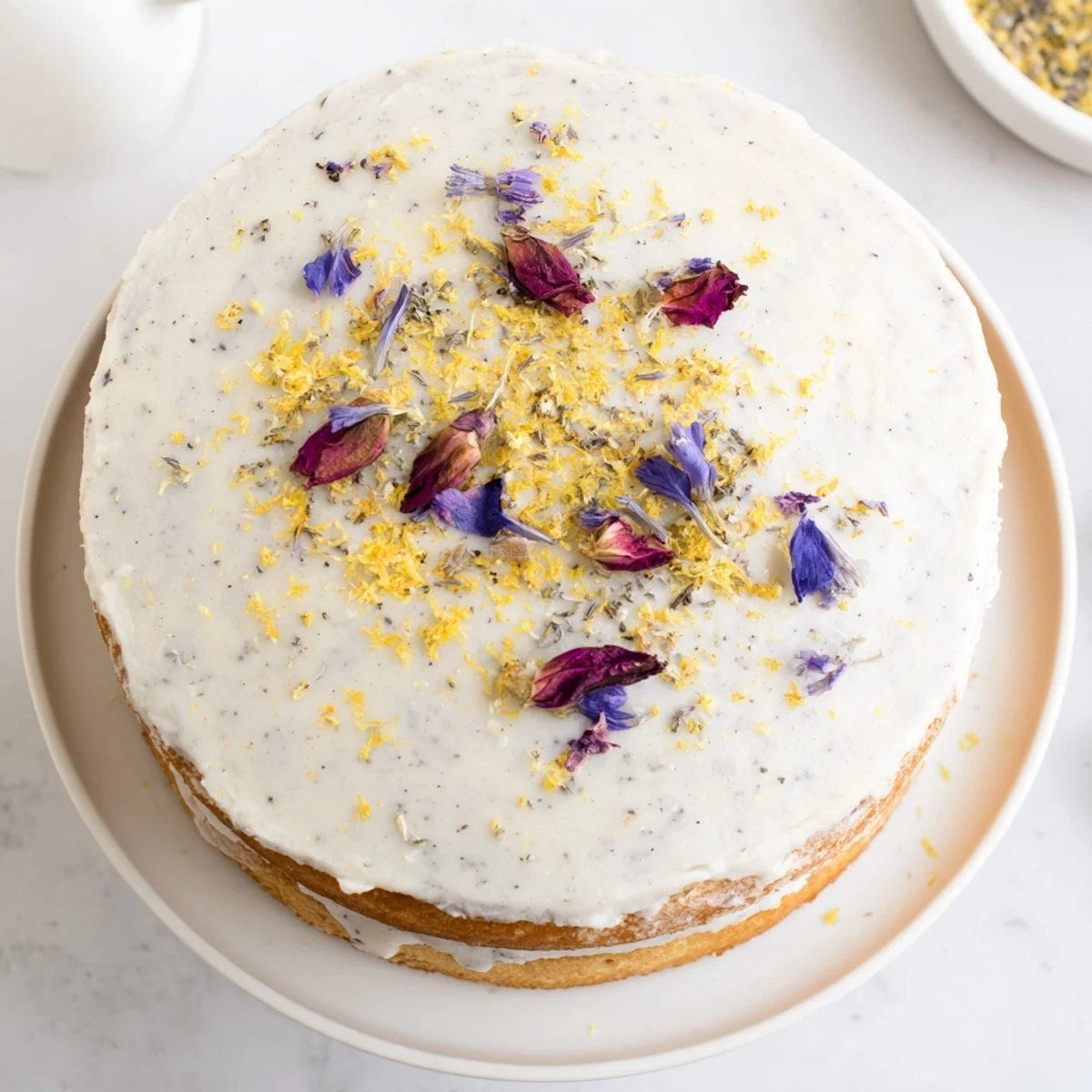 Elegant three-tier London Fog cake decorated with edible flowers and lemon zest