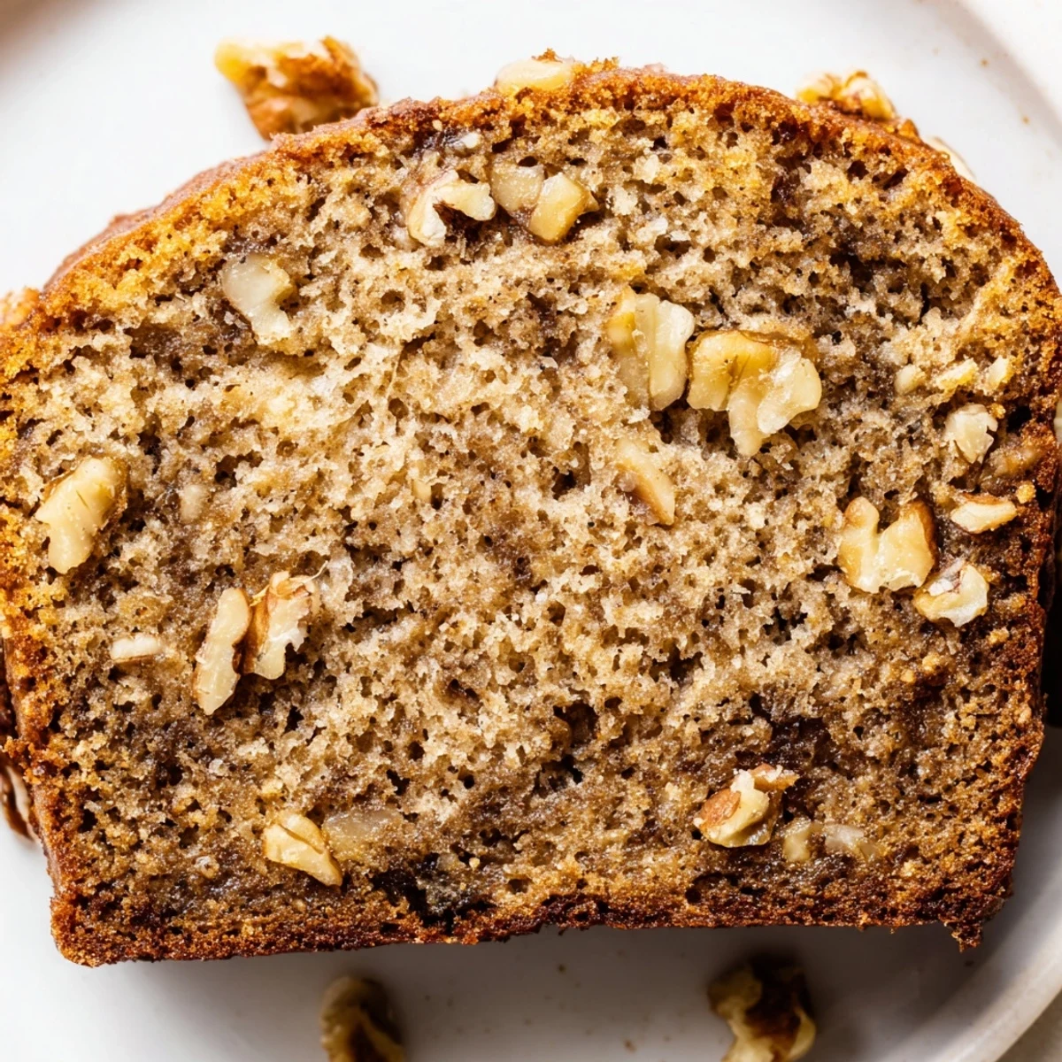 Golden brown ultimate banana nut bread loaf topped with toasted walnuts on a wooden cutting board