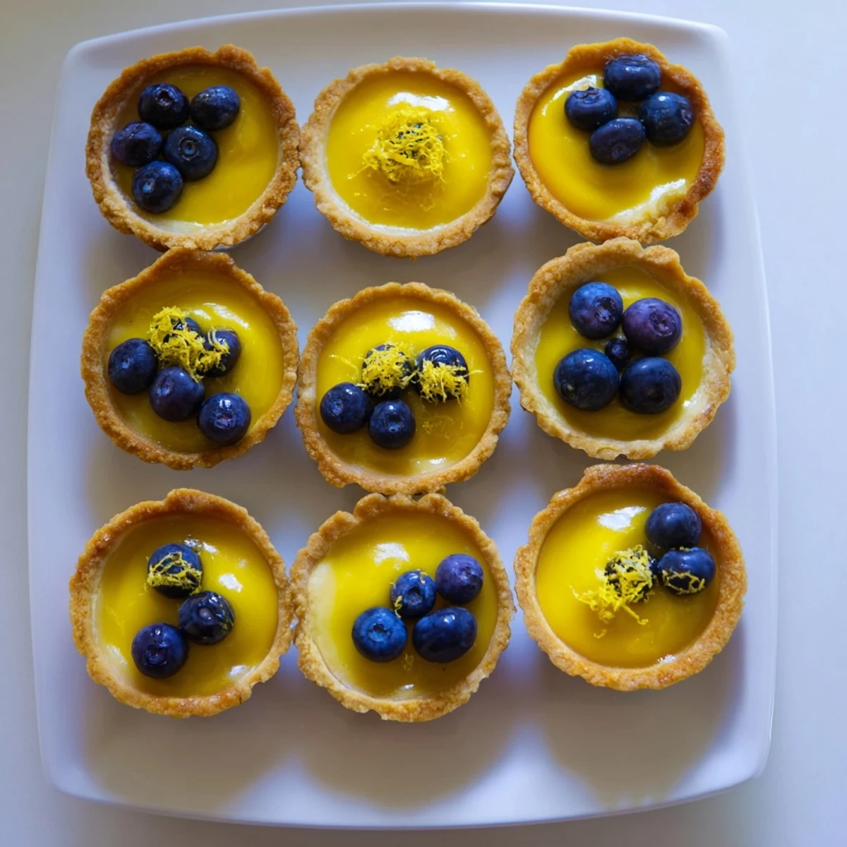 Bite-sized vegan lemon tarts featuring smooth yellow custard in baked pastry shells