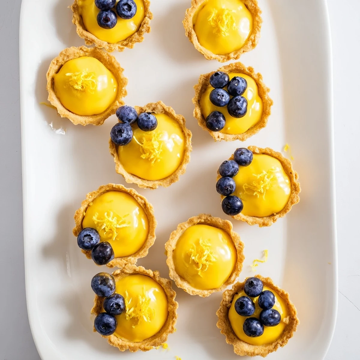 Golden mini vegan lemon tarts with creamy coconut filling resting on a serving platter