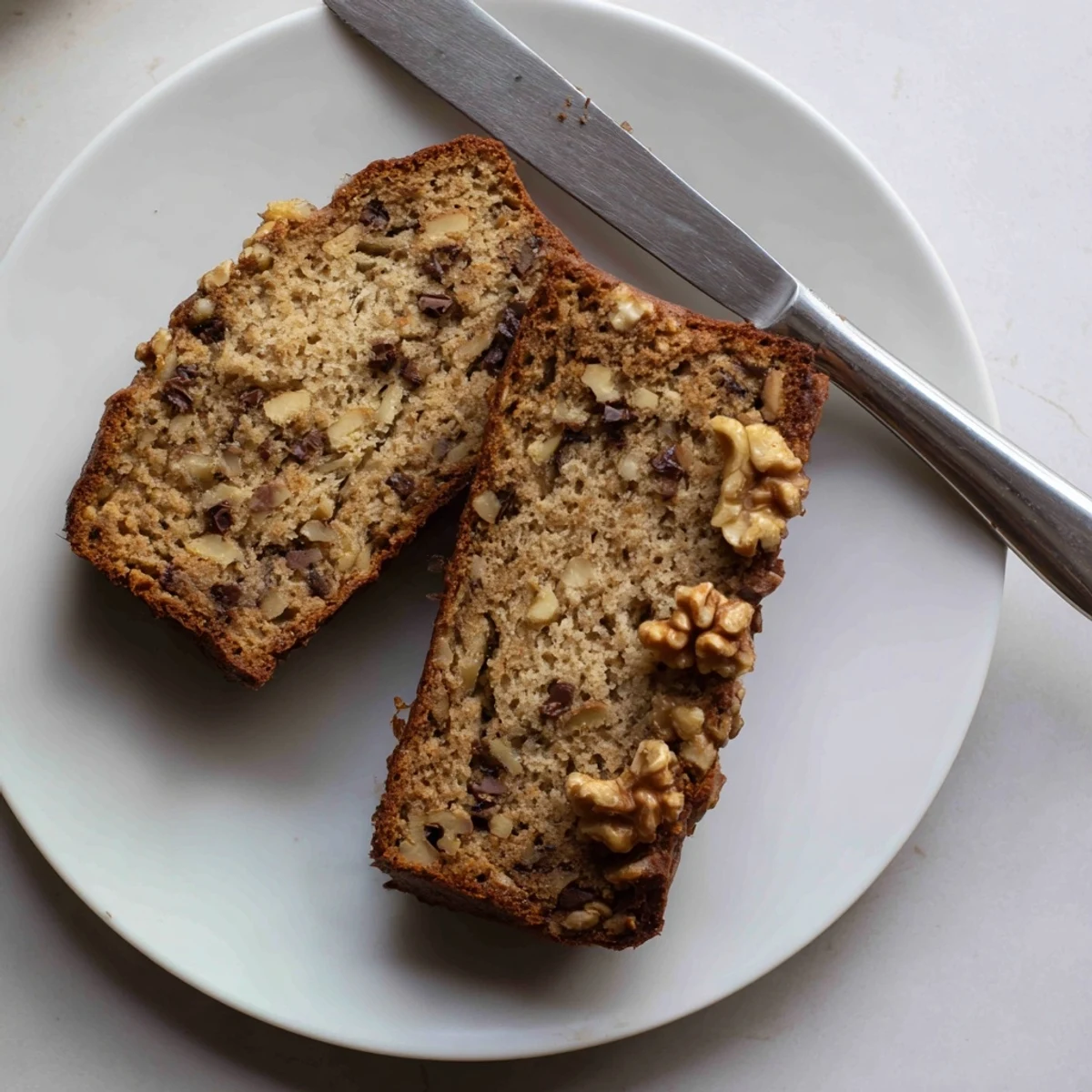 Golden brown best ever banana bread loaf sliced on a wooden cutting board