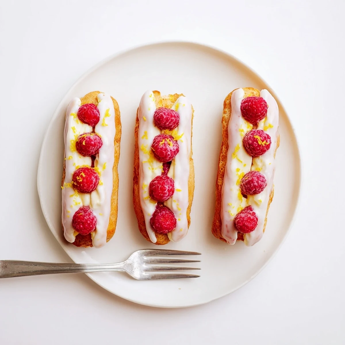 French pastry éclairs filled with tangy lemon cream and topped with fresh red raspberries
