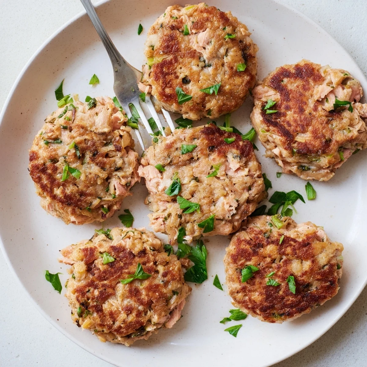 Golden brown easy salmon cakes with canned salmon served on white plate with fresh lemon wedges