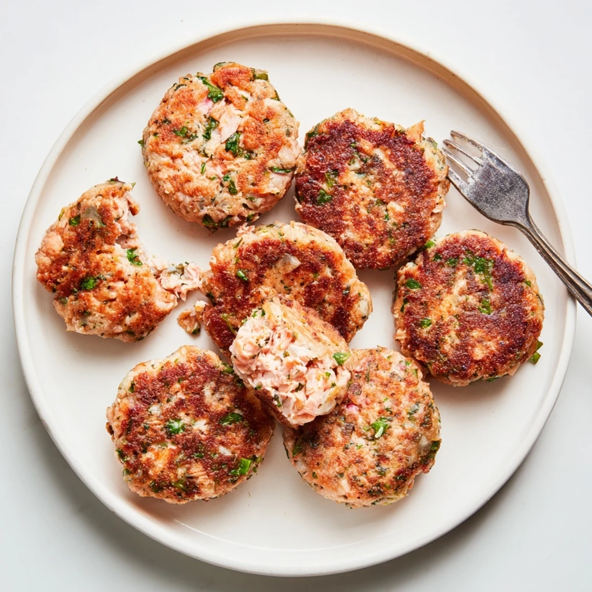 Homemade easy salmon cakes with canned salmon patties arranged on rustic wooden board with parsley garnish