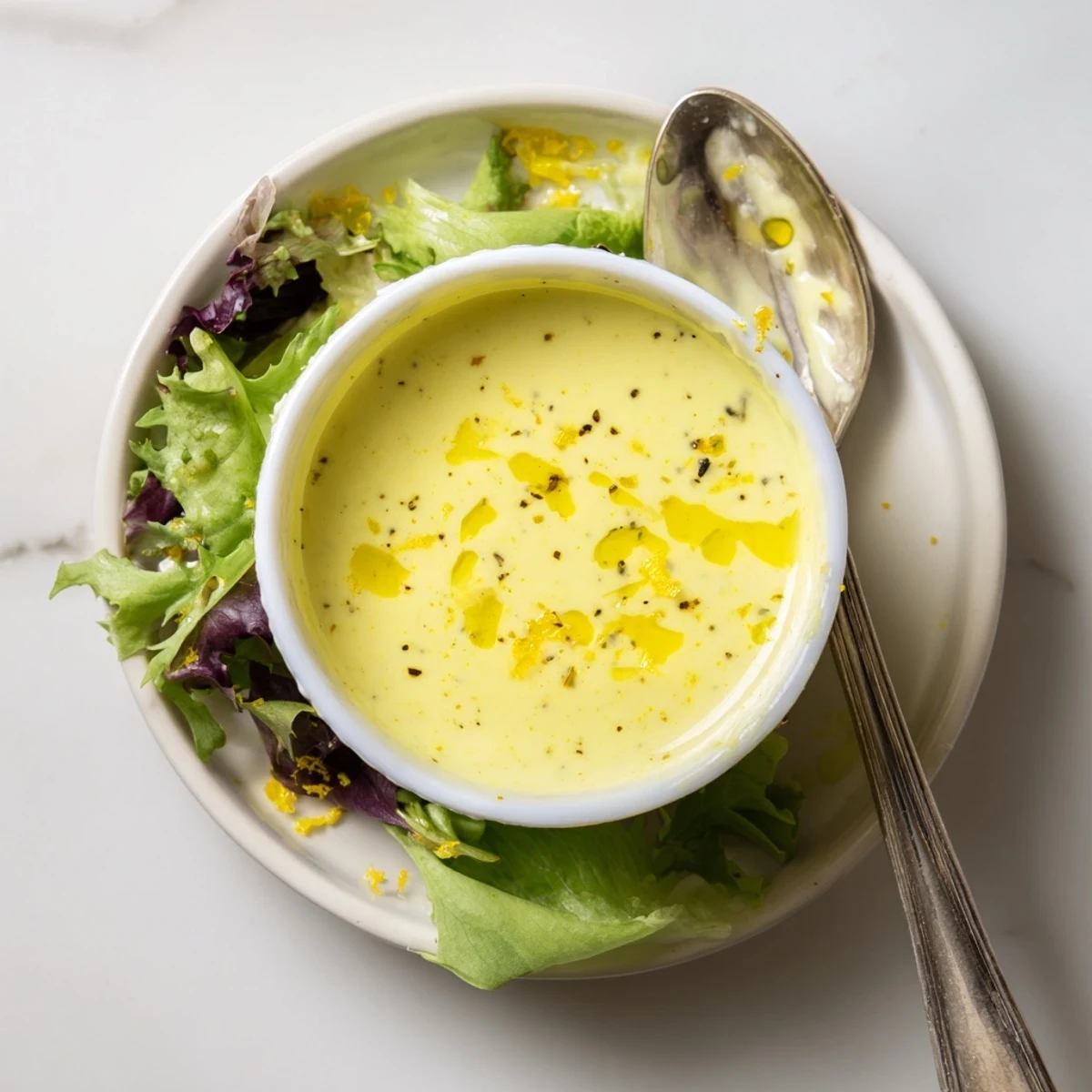 Golden creamy lemon vinaigrette drizzled over fresh mixed greens in white bowl