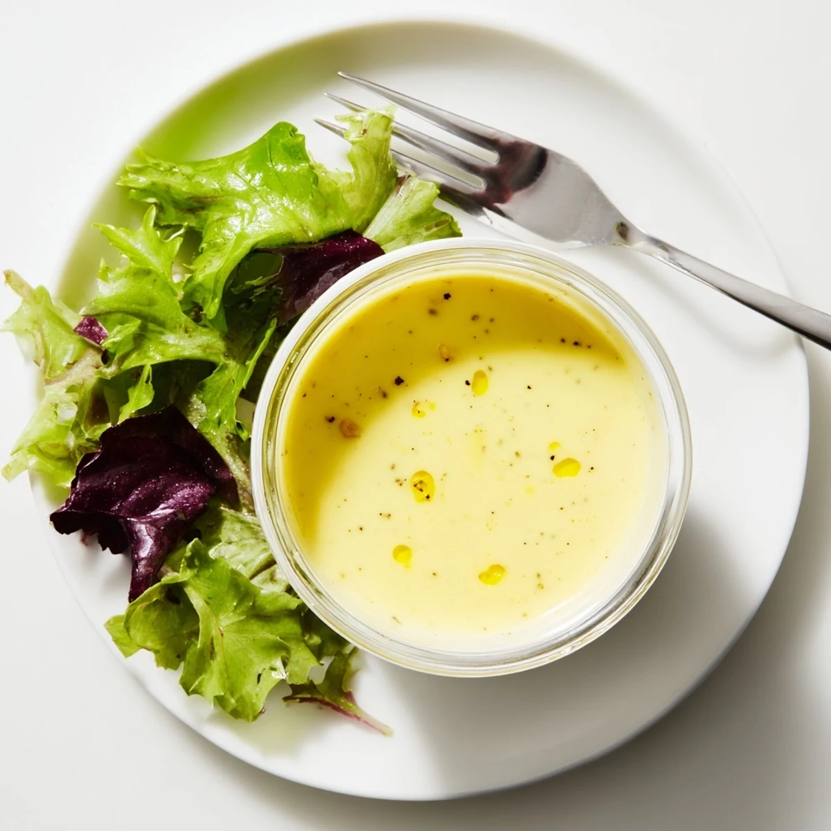 Thick creamy lemon vinaigrette whisked in bowl with bright yellow lemon zest garnish