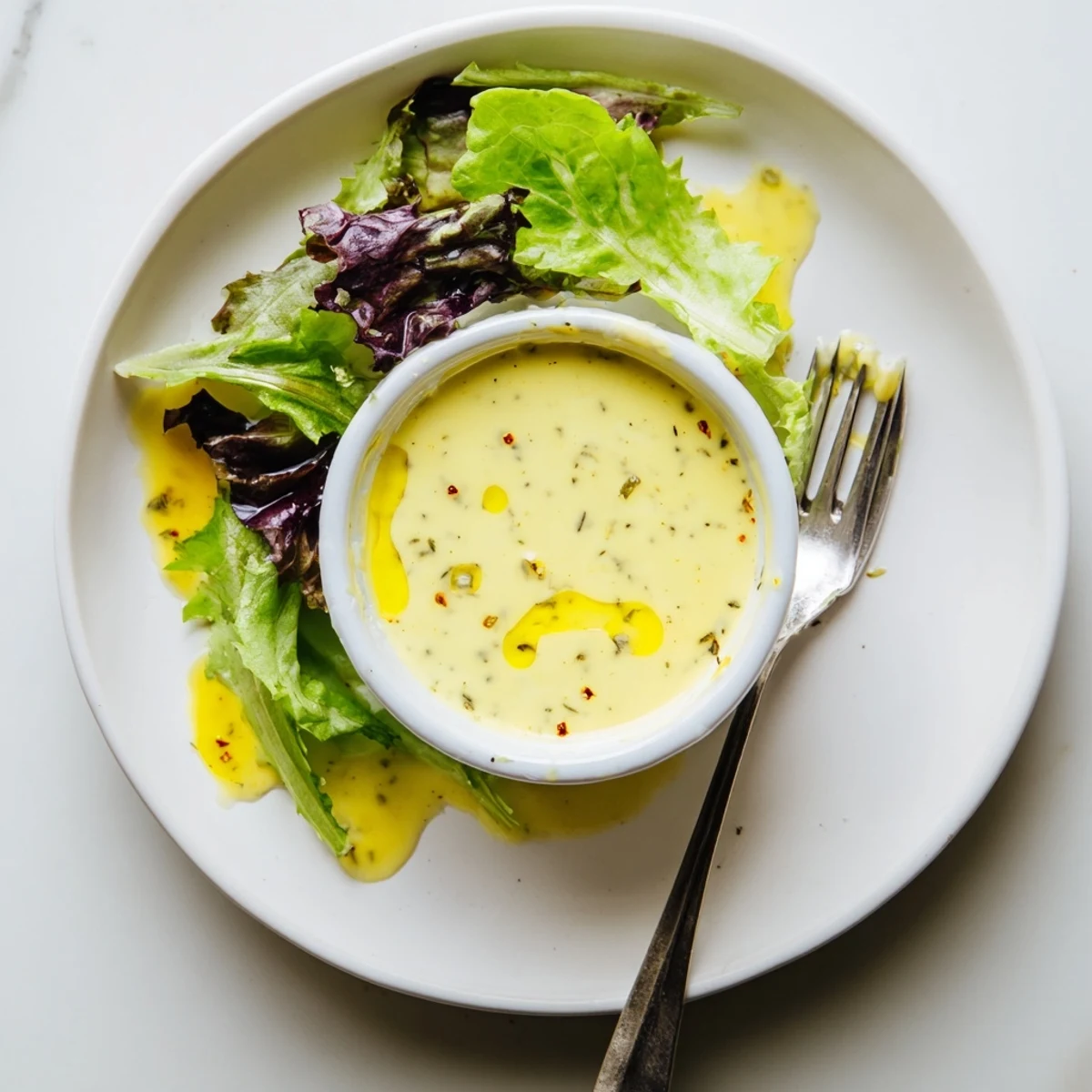 Smooth lemon vinaigrette dressing poured from glass jar onto crisp green salad