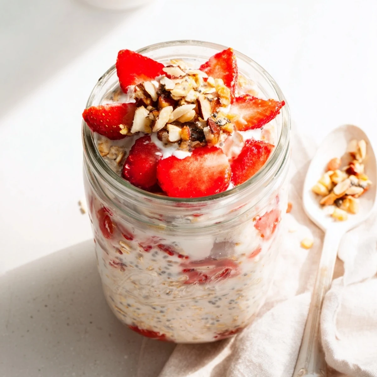 Spoonful of strawberries and cream overnight oats showcasing juicy red fruit bits mixed into silky vanilla yogurt oats