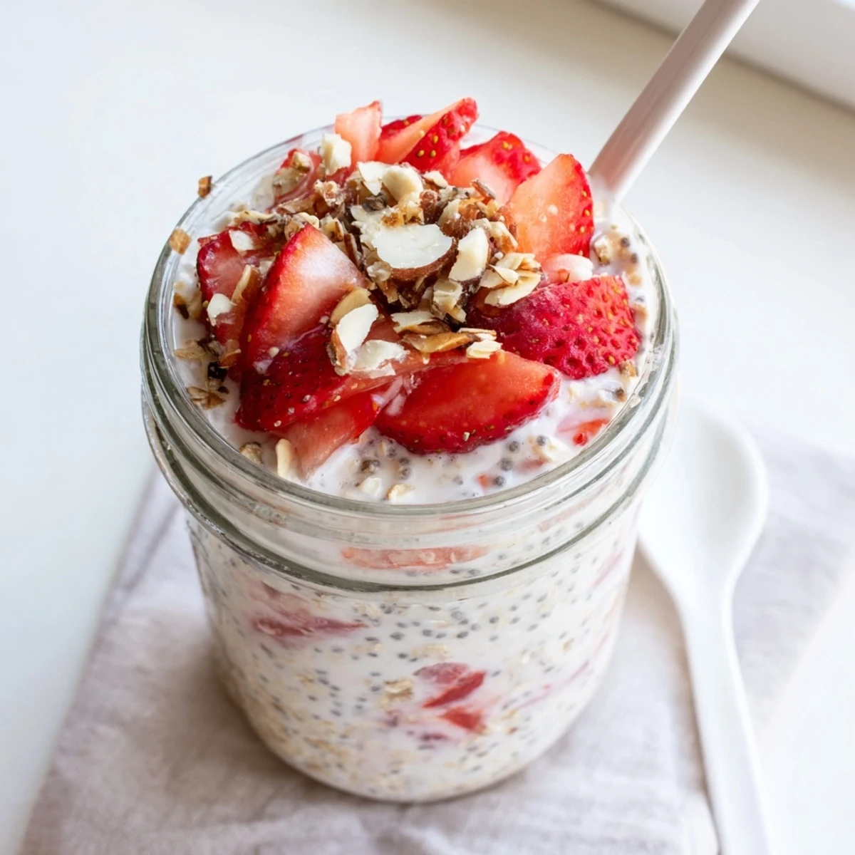 Two mason jars of meal prep strawberries and cream overnight oats ready for breakfast with fresh strawberry garnish
