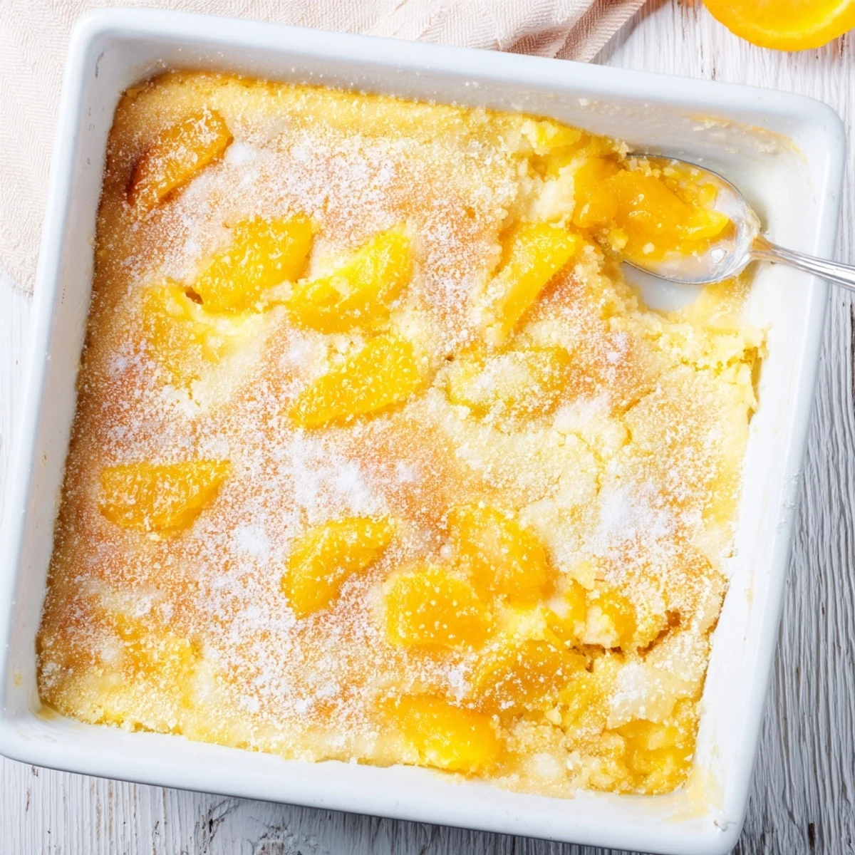 Zesty lemon dump cake served warm in a square baking dish with golden brown cake crumbs