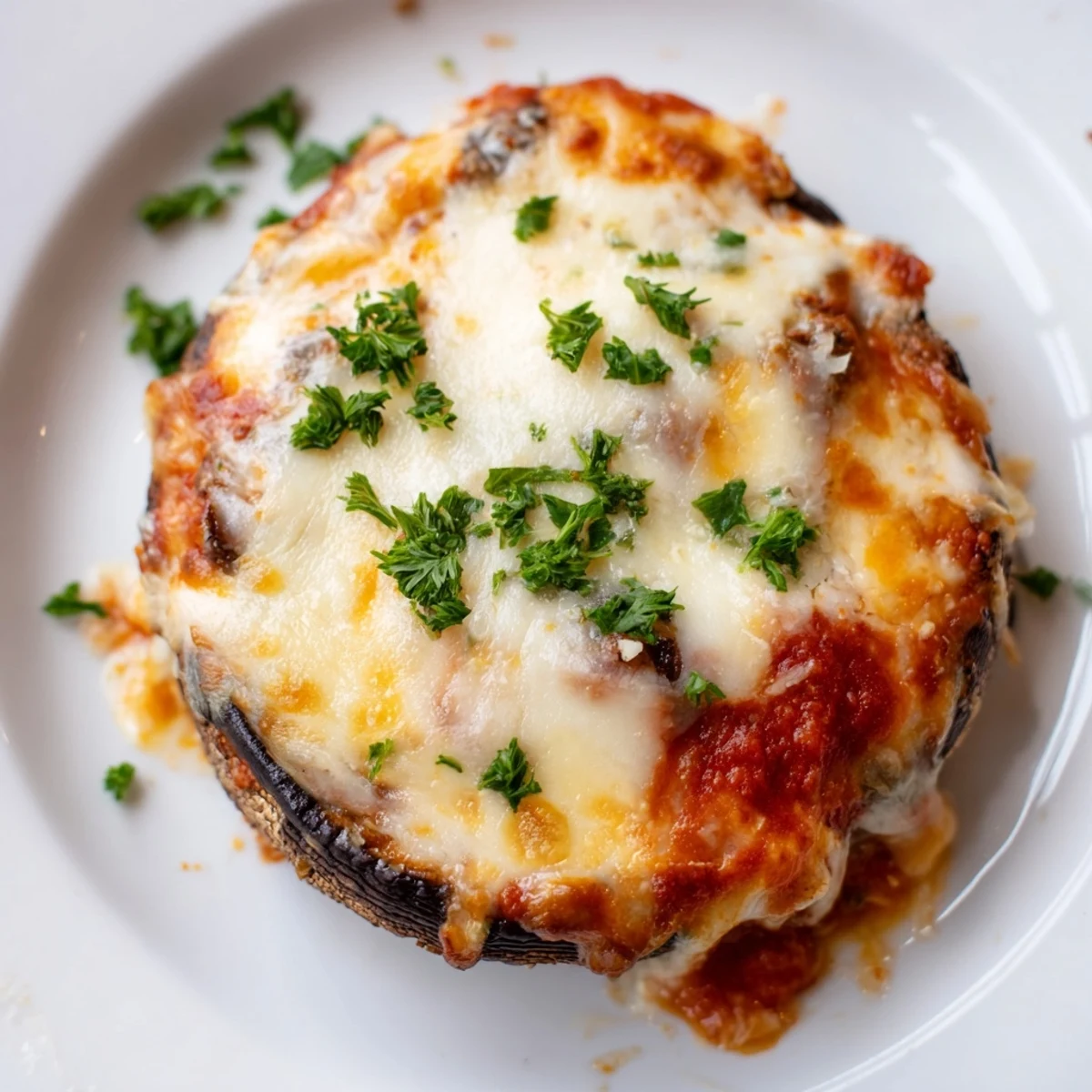 Golden stuffed lasagna portobellos bubbling with marinara and melted mozzarella cheese on a white baking sheet